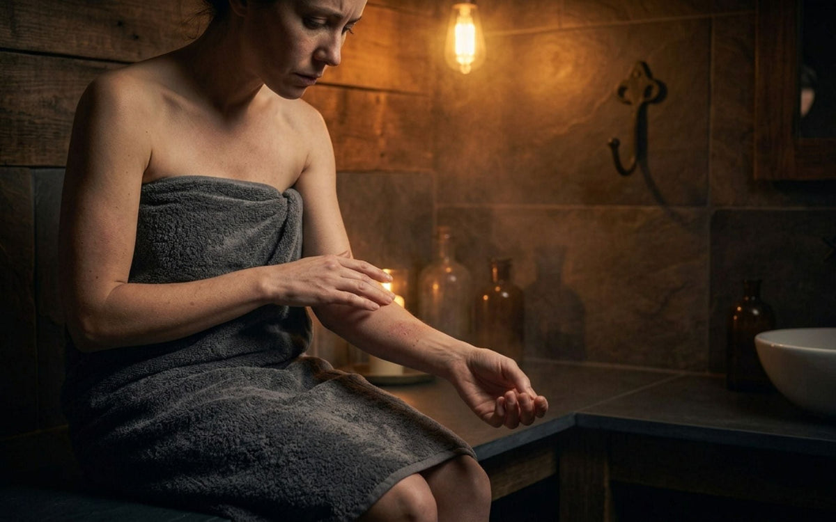 Woman wrapped in a plush town, seated in a rustic modern bathroom. She is investigating skin issues on her arm.